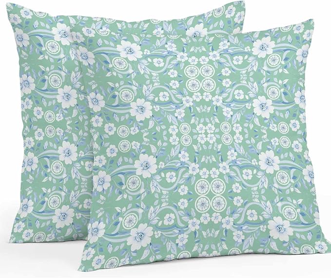 Light Green Blue Floral Waterproof Outdoor Pillow Covers Set of 2 Home Decor, Vintage Pastoral Botanical Pillowcase Patio Pillow Covers for Couch Bench Furniture Garden 24x24in