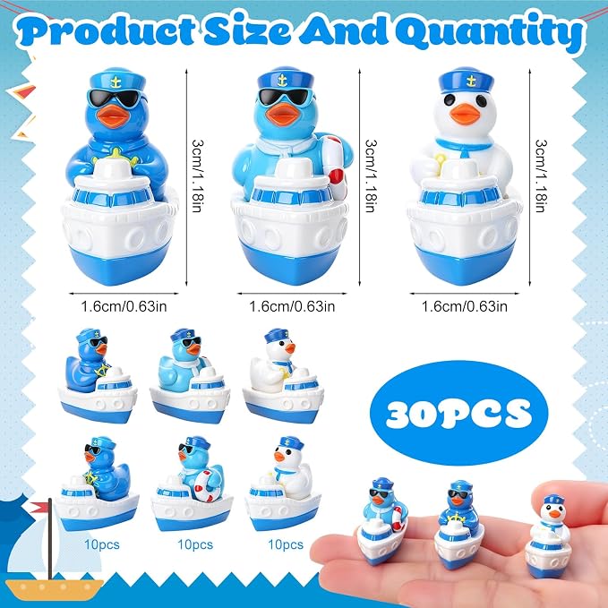 30 Pcs Sailor Cruise Ducks, Mini Sailor Cruise Resin Ducks Bulk, Fun Printed Toy Figures for Birthday Party Favors, Themed Decor, Kids Gift Collection (Cruise Duck)