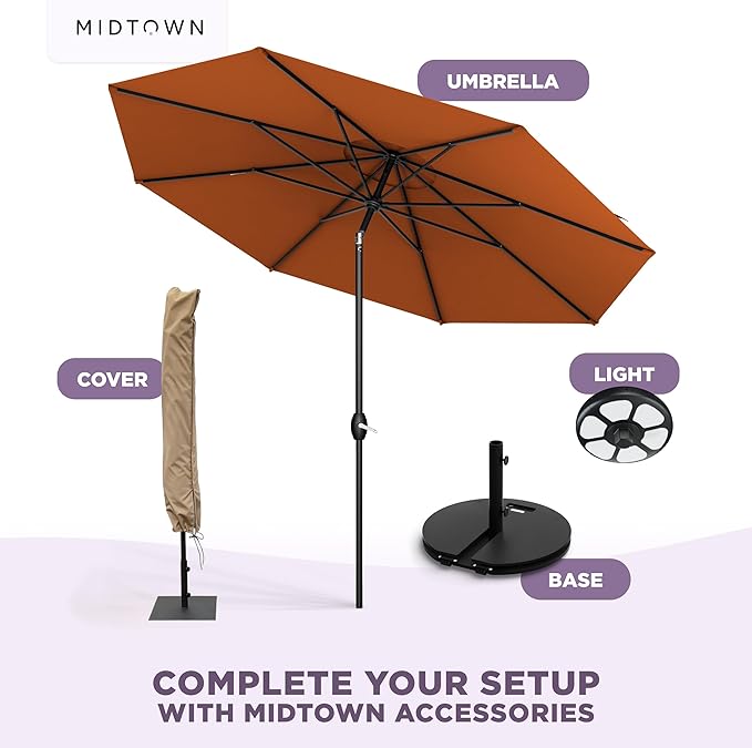 Midtown Umbrellas - The Lean 9 Ft Patio Umbrella with Fade-Resistant Sunbrella Fabric, Auto-Tilt Aluminum Frame and 8 Reinforced Ribs for Deck, Pool & Garden - Terracotta Canopy, Black Pole