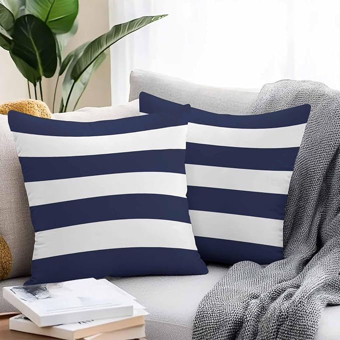 Outdoor Waterproof Throw Pillow Covers Set of 2 Navy Blue Stripe Pillowcases 18x18 Inches Simple Style White Striped Decorative Pillows Cushion Case Patio Pillows for Couch Bed Chair Garden