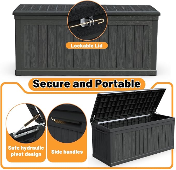 260 Gallon Large Outdoor Storage XXL Deck Box for Patio Furniture, Outdoor Cushions, Garden Tools and Sports/Pools Equipment, Waterproof Resin, Lockable, Black