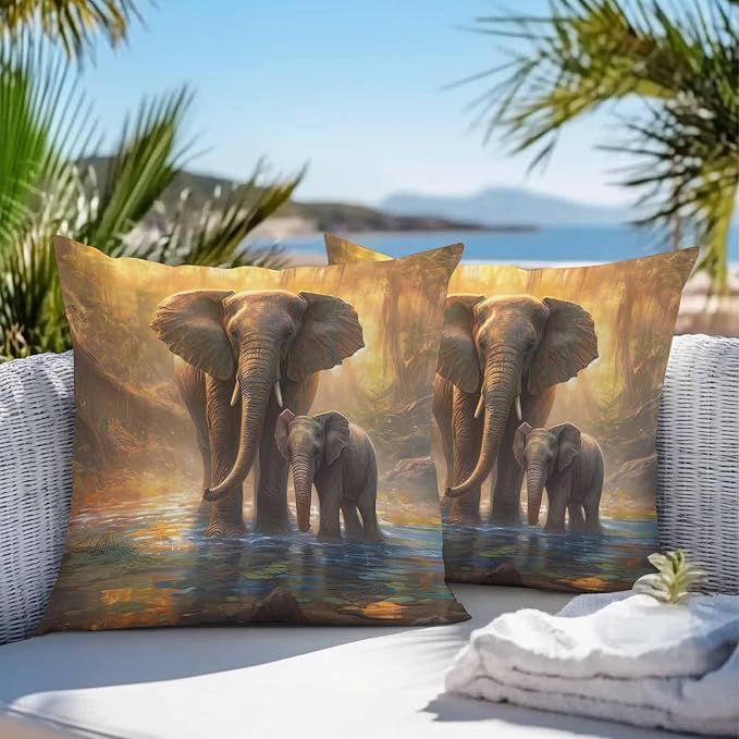Elephant Outdoor Pillow Covers Pack of 2 Animal Forest River Yellow Oil Painting Waterproof Throw Pillow Covers Decorative Cushion Cases for Patio Garden Tent Balcony Couch 26x26 inch