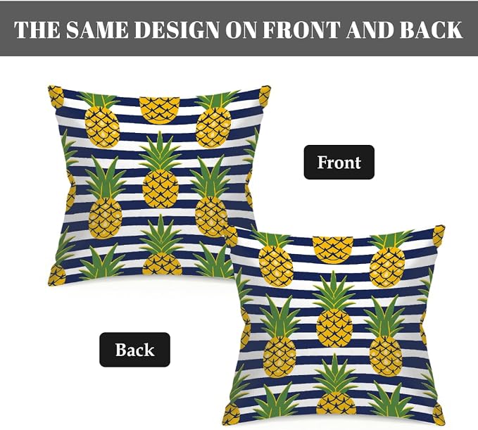 16x16 Inch Outdoor Pillow Covers Set of 2 Waterproof Throw Pillow Covers Decorative Couch Cushion Covers Pineapples Black Stripes Square Pillowcases Protectors for Patio Garden Sofa