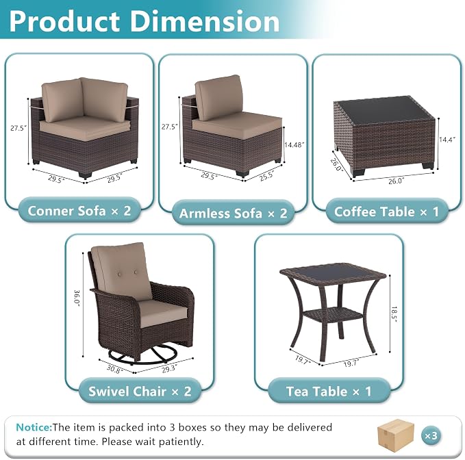 ALAULM 8 Pieces Patio Furniture Set with 2 Swivel Chairs Wicker Patio Conversation Set, Outdoor Sectional Furniture w/Coffee Table & Washable Seat Cushions-Sand