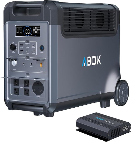 ABOK Ark3600 Portable Power Station with 500W Alternator Charger, 3840Wh LiFePO4 Battery, 3600W Electric Solar Generator for Garage, Off-Grid Living, Camping, RVs, Outdoor Adventures, Power Outages