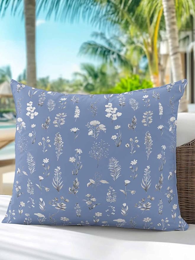Outdoor Pillows with Inserts 18x18, Dusty Blue Wildflowers Waterproof Outdoor/Indoor Throw Pillows, Farmhouse Botanical Garden Floral Decorative Pillow for Bed Couch Sofa Patio Furniture