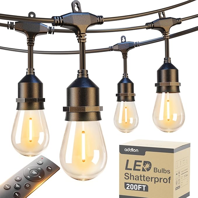 addlon 200FT Outdoor String Lights with Remote Dimmable Waterproof Patio | Warm White Edison Bulbs, Heavy Duty Shatterproof Hanging Strand for Outside Backyard Porch Garden Bistro Pergola Party