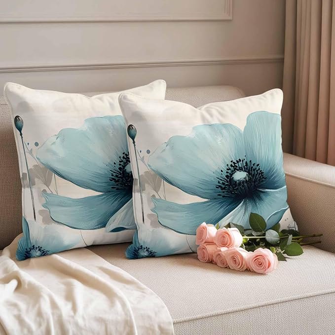 Blue Flowers Butterfly Outdoor Waterproof Throw Pillow Covers Set of 2, 26"x26", Watercolor Retro Leaf Pastoral Style Decorative Pillow Covers Outside Cushion Case for Patio Porch Garden