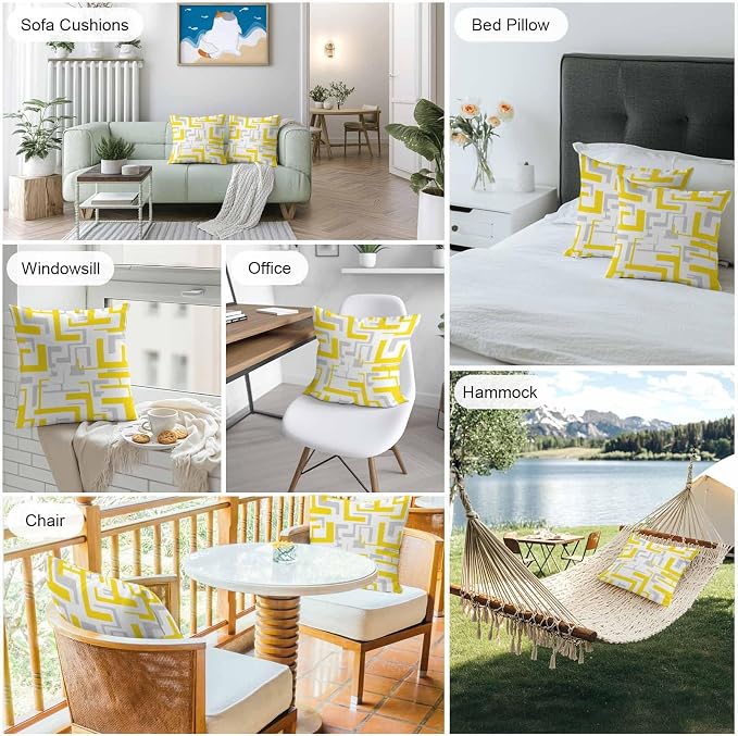 Geometric Outdoor Pillow Shams Set of 2, Decorative Pillowcases Cushion Case, Soft Throw Pillow Covers Waterproof Pillow Case 24x24 Inch, Abstract Lines Yellow Gray Modern Art