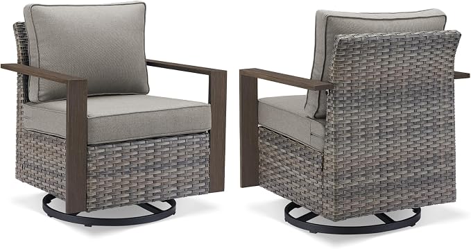 Outdoor Patio Swivel Rocker Chairs - 3 Piece Wicker Patio Furniture Bistro Set with 2 Swivel Rocking Chairs and 1 Metal Side Table,Thick Cushions,Deep Seating for Deck Porch Garden(Mixed Grey/Grey)