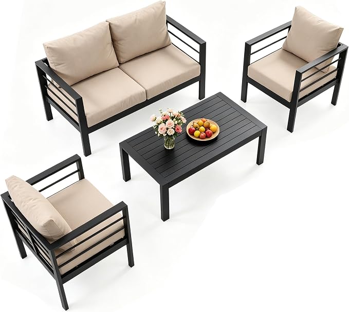 4-Piece All-Weather Metal Patio Furniture Set, Sectional Conversation Sofa w/Coffee Table, Heavy Duty Steel Frame & Washable Cushions for Backyard Garden (Khaki, Furniture Set（Straight）)