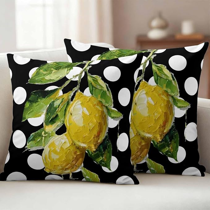 Waterproof Pillow Covers Set of 2,Farmhouse Yellow Lemon Green Leaf Outdoor Pillow Protectors with Zipper Pillowcases for Patio Tent Garden Beach 18x18 Inches Black White Polka Dot