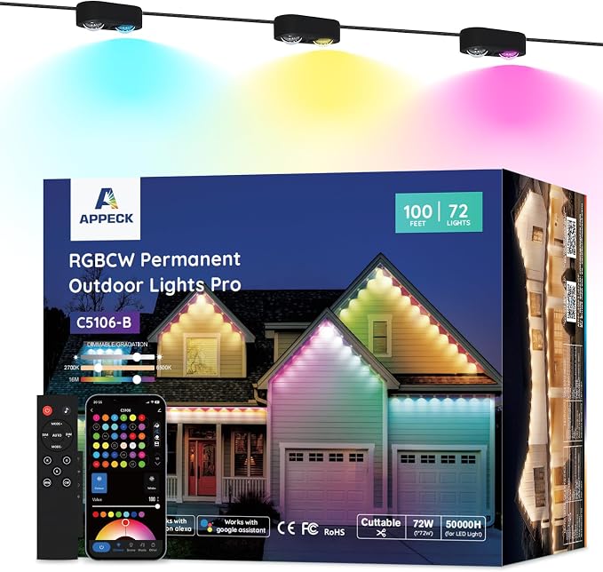 APPECK Permanent Outdoor Lights Pro, 100ft with 72 RGBCW Eaves Lights | Dual Lens, 72W, 80lm, Cuttable, IP67 Waterproof Lighting for Daily and Holiday Decor, Compatible with Alexa, Black