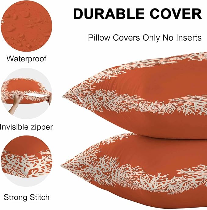 Vandarllin Outdoor Throw Pillows Covers 20x20 inch Set of 2 Waterproof Orange Coral Decorative Zippered Cushion Covers for Patio Furniture, Coastal Marine Life Lumbar Pillowcases