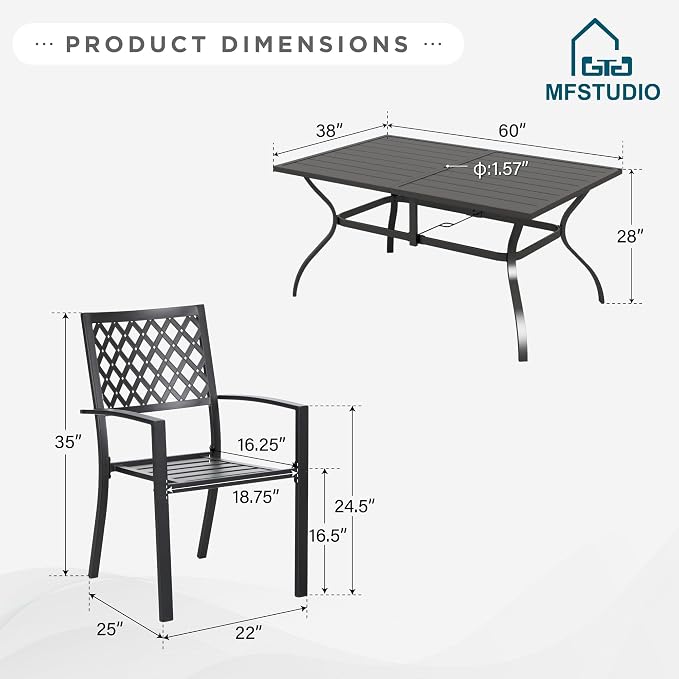 MFSTUDIO Outdoor Dining Set for 6, Patio Table and Chairs Set with Umbrella Hole, Metal Patio Furniture Dining Set for Deck Backyard Poolside Garden
