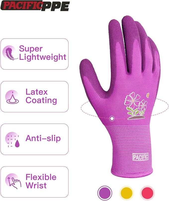 PACIFIC PPE 3 Pairs Gardening Gloves for women, Rubber Coated Garden Gloves, Ladies Yard Work Gloves, Breathable, Purple & Yellow & Red, Small