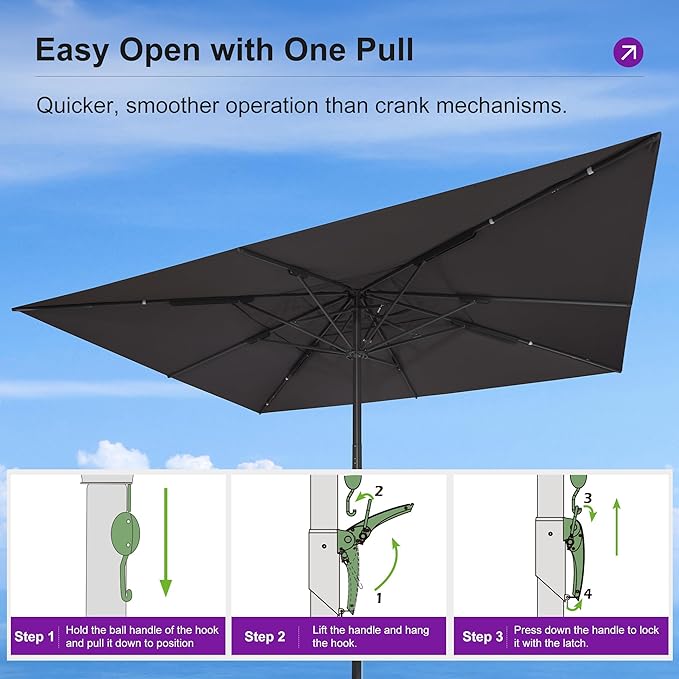 PURPLE LEAF 15' x 11' Rectangular Semi-Auto Outdoor Patio Umbrella Aluminium Market Umbrella Table Sun Umbrella with 3.15" Rod and 8 Sturdy Ribs for Deck Lawn Pool Garden, Gray