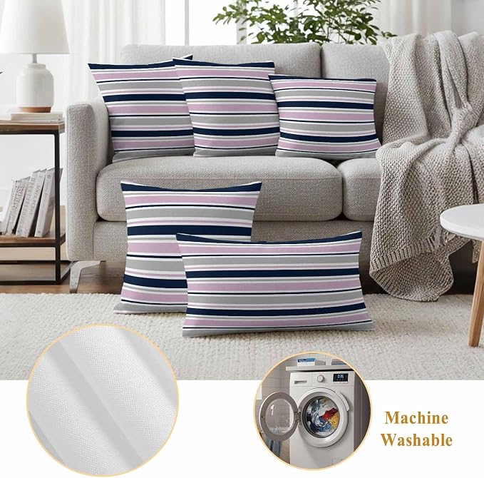 Pink Grey Striped Outdoor Pillow Cover 18x18 Inch Cushion Sham Case, Farmhouse Stripes Modern Abstract Art Waterproof Decorative Square Throw Pillowcase for Outside Garden Patio Porch Couch Chair Tent