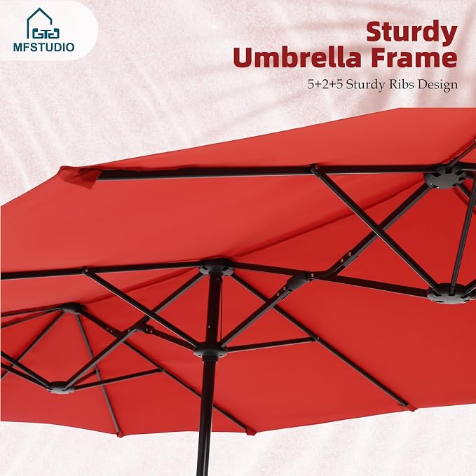MFSTUDIO Outdoor Dining Set with Umbrella, Patio Dining Set for 6, Outdoor Furniture Set with Rectangular Table & Textilene Chairs & Orange Red Umbrella (Base not Included)