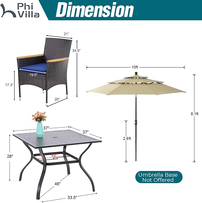 PHI VILLA 5pc Patio Dining Set with Umbrella, Square Table, Rattan Chairs | 37" Wood-like Metal Table, Cushioned PE Rattan chairs, 10ft Beige 3 Tier Auto-tilt Umbrella (Base Not Included)
