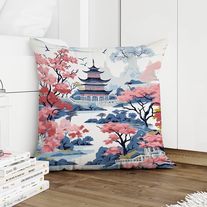 Throw Pillow Covers Chinoiserie Pagoda White Coral Blue Pillow Covers Abstract Chinoiserie Chic Asian Pillow Cover Accent Modern Decorative Pillow Covers for Patio Tent Couch 18x18 in