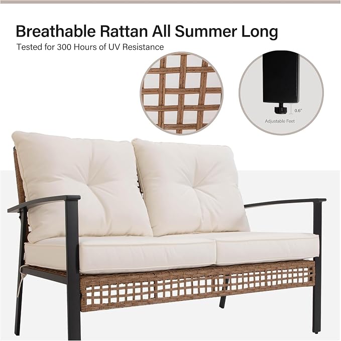 LAUSAINT HOME Outdoor Patio Loveseat with Coffee Table Set of 2, 2 Pcs Comfortable Oversized Furniture Conversation Set for Backyard, Porch, Garden and Poolside, Beige (Not Include Storage Boxes)