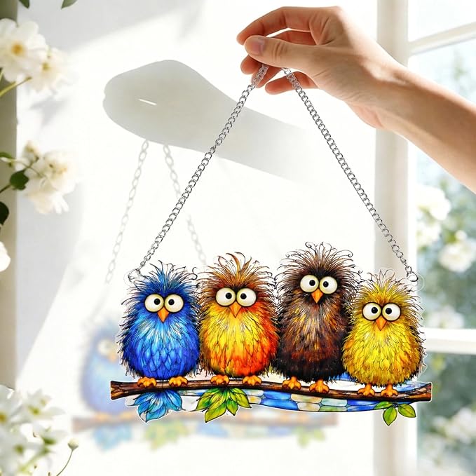 Stained Glass Window Hanging - Funny Fluffy Birds Suncatcher for Windows Doors Home Decor, Colorful Crazy Birds on Branch Sun Catcher Gift for Women Mom Nana Bird Lovers Christmas Mother's Day 7.8 in