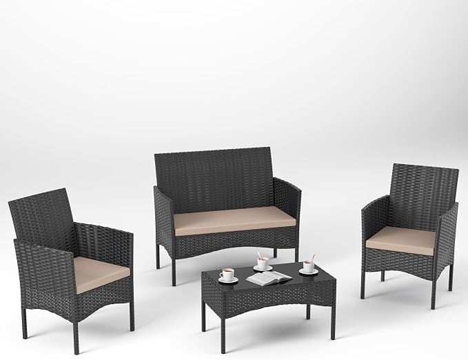 4 Pieces Outdoor Patio Furniture Sets,Wicker Conversation Set with Coffee Table,Loveseat and Wicker Patio Chairs with Soft Cushion for Porch, Garden, Lawn(Sand)