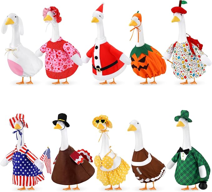 Booson 10 Pack Holiday Porch Goose Outfits 23 Inch | Christmas Valentine St. Patrick 4th of July Halloween Football Back to School All Seasons Theme for Lawn Patio Yard Decor