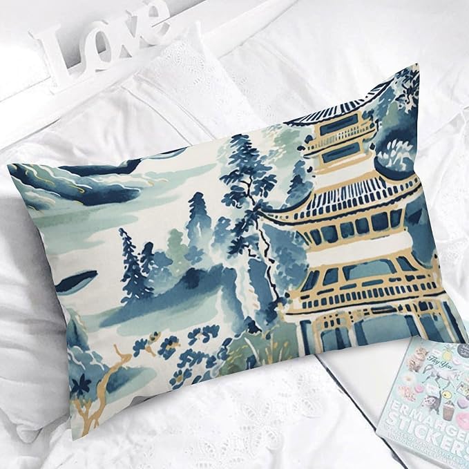 Lumbar Throw Pillow Cover Blue and White Chinoiserie Pagoda Asian Pillows Classic Ming Rain Chinoiserie Pillow Cover Accent Outdoor Garden Decoration for for Couch Sofa 12x20in
