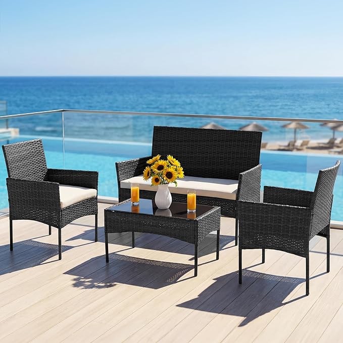 DUMOS 4 Piece Patio Furniture Set, All-Weather Outdoor Wicker Conversation Set with Removable Cushions & Tempered Glass Coffee Table, for Porch, Balcony, Lawn, Backyard Black