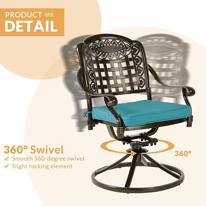 7-Piece Outdoor Patio Dining Set, 60” Rectangular Cast Aluminum Dining Table with Umbrella Hole and 6 Cushioned Swivel Rocker Chairs, Patio Funiture Set for Backyard, Patio, Garden, Blue