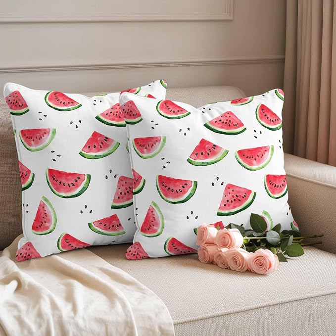 Summer Watermelon Waterproof Outdoor Pillow Covers Set of 2 Home Decor, Modern Tropical Fruit Watercolor Pillowcase Patio Pillow Covers for Couch Bench Furniture Garden 20x20in