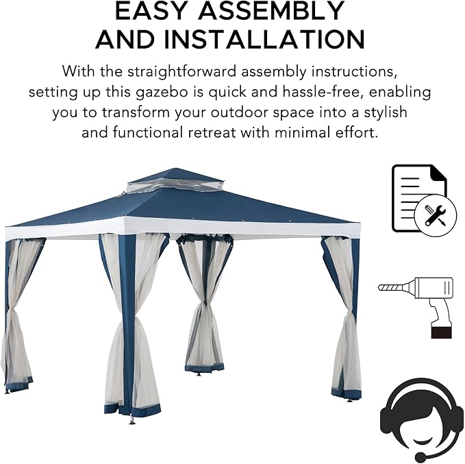 Sunjoy 10 x 10 ft. Soft Top Gazebo, Outdoor Patio Backyard Modern 2-Tier Steel Frame Gazebo with Mesh Netting - Navy Blue & White
