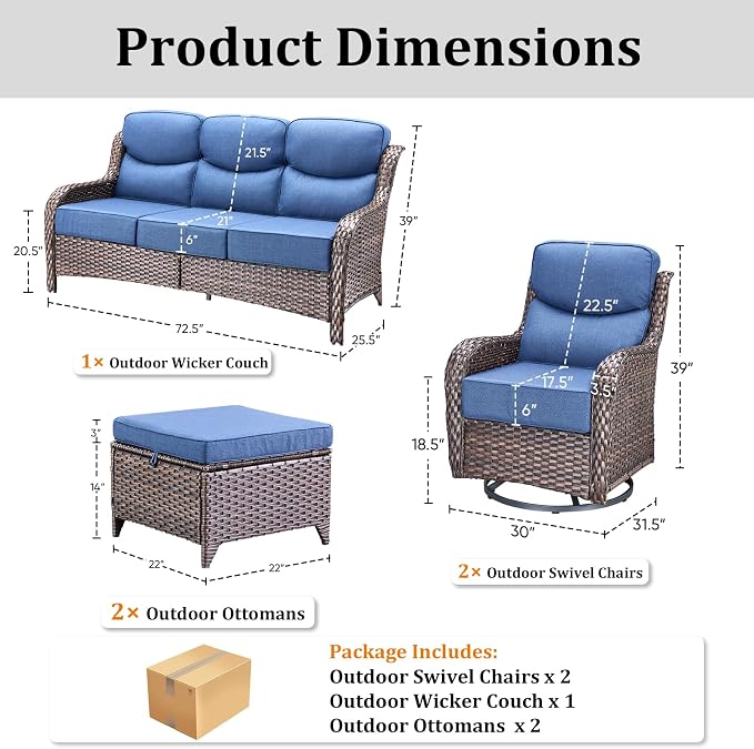 Luxury High Back Patio Furniture Set with 6-Inch Thick Cushions, 5-Pieces Outdoor Furniture with Swivel Chairs, Wicker Conversation Set for Porch, Balcony, Deck and Yard, Brown/Blue