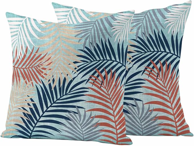 Outdoor Waterproof Throw Pillow Covers, Red Blue Teal Palm Leaves Decorative Pillow Cases, Summer Botanical Tropical Leaf Couch Pillow Protector Patio Sofa Cushion Covers Replacement 24"x24" 2 Pack