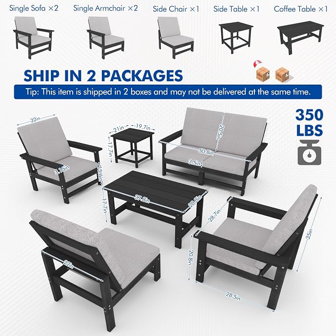 4-Piece HDPE Patio Furniture Set, All-Weather Outdoor Sectional Sofa Set with Coffee Table & Cushions - Wood-Like Composite Conversation Couch for Deck, Lawn, Balcony - Black Frame