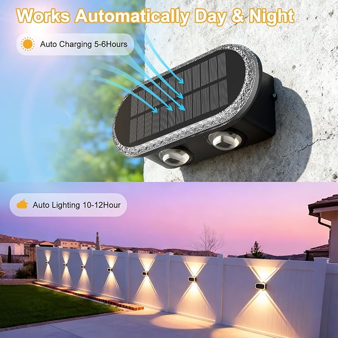 Ellasay Solar Fence Lights Outdoor: IP65 Waterproof Bright LED Wall Lighting with 3 Color Modes and 12 Hour Battery Life Perfect for Garden Backyard Porch and Holiday Parties 8 Pack