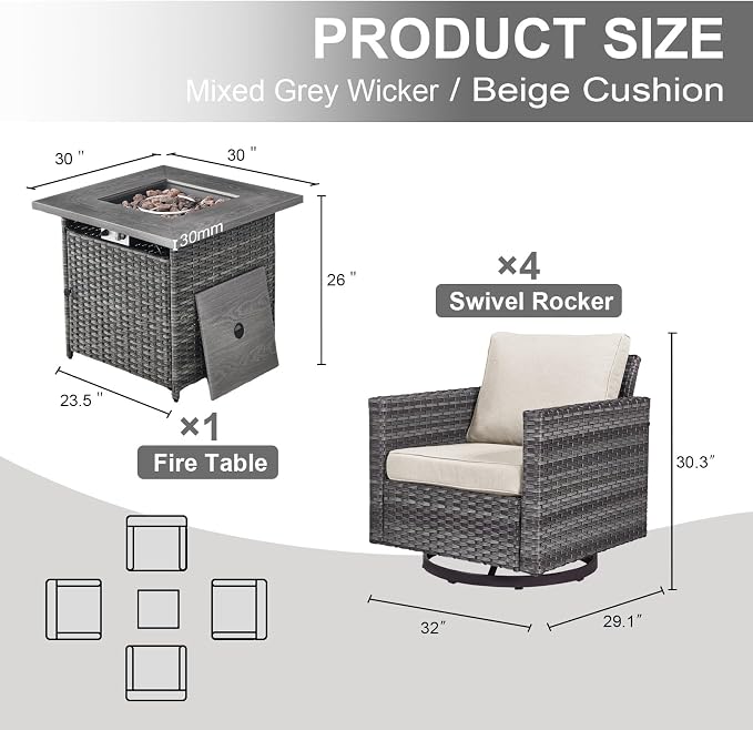 Belord 5 Pieces Wicker Patio Furniture Set: 4 Outdoor Swivel Glider Rocker Patio Conversation Set with 50000BTU Propane Fire Pit Table, All Weather Grey Rattan Anti-Rust Frame, Beige Cushion