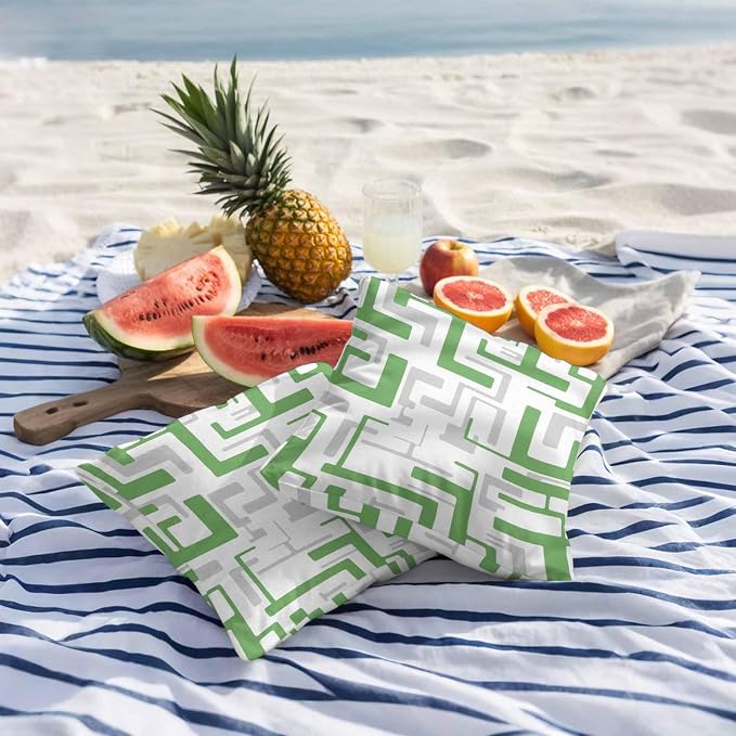 Vandarllin Outdoor Throw Pillows Covers 26x26 inch Set of 2 Waterproof Green Geometric Stripes Decorative Zippered Cushion Covers for Patio Furniture, Modern Abstract Lines Lumbar Pillowcases