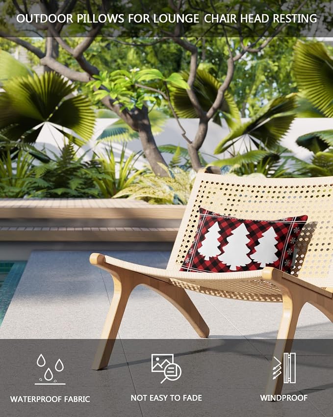 Outdoor Pillows Covers with Inserts Christmas Tree Snowflake Red and Black Plaid Waterproof Recliner Pillow with Adjustable Strap Throw Pillows for Patio Furniture Pool Lounge Chair, 11x16 inch, 1PCS