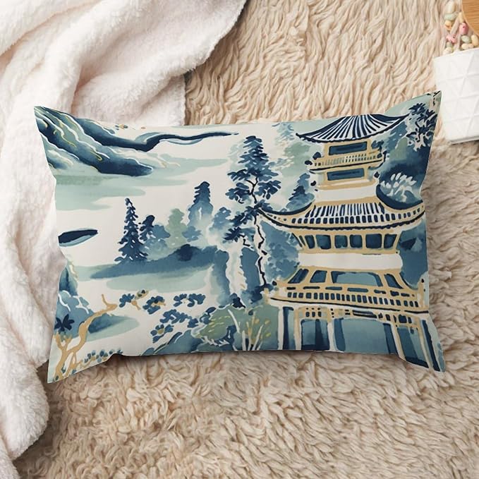 Rectangular Cushion Cover Blue and White Chinoiserie Pagoda Asian Cushion Cases Rustic Ming Rain Chinoiserie Pillow Cover Accent Farmhouse Decor Pillow for for Home Decor Sofa Car 12x18in