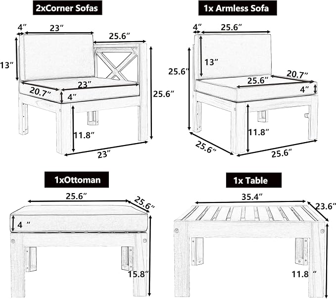 Acacia Wood 5-Piece Patio Sectional Sofa Set, All-Weather Outdoor Conversation Set, Corner Design Patio Set with Coffee Table and Updated Cushions for Backyard Porch Courtyard Poolside (Natural+Beige)