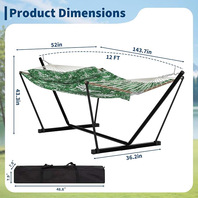 2-Person Double Hammock with Adjustable Steel Stand and Pillow, Durable Portable Outdoor Hammock Set, Supports Up to 450LBS for Patio, Garden, Beach, Backyard