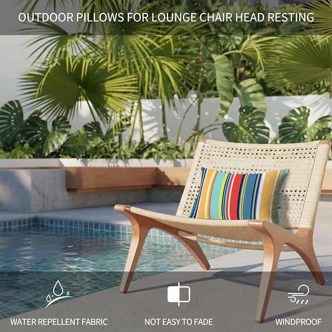 Outdoor Pillow for Chaise Lounge Chair, Colorful Stripes Yellow Teal Red Blue Wood Texture Waterproof Headrest Pillow Lumbar Pillows with Adjustable Elastic Strap for Beach, Poolside, Office (2 Pack)