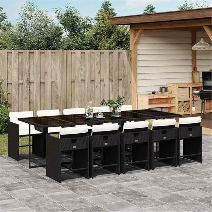 Afuera Living 11 Piece Poly Rattan Garden Dining Set, Black/Cream White, UV-Resistant, Cushioned Chairs, Powder-Coated Finish, Rectangular Table, Modern Patio Furniture for Outdoor Garden or Backyard