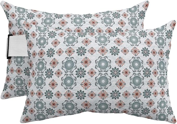Outdoor Pillows Covers with Inserts Abstract Geometric Blue and Orange Flowers Waterproof Recliner Pillow with Adjustable Strap Throw Pillows for Patio Furniture Pool Lounge Chair, 12x20 inch, 2PCS