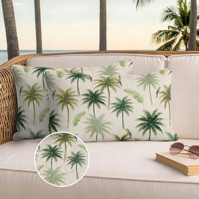 Yukro Summer Palm Tree Parrot Outdoor Waterproof Pillow Covers Pack of 2, Tropical Green Leaf Bird Retro Throw Pillowcases Decorative Cushion Covers for Garden Patio Tent Sofa Couch, 20x12 inch