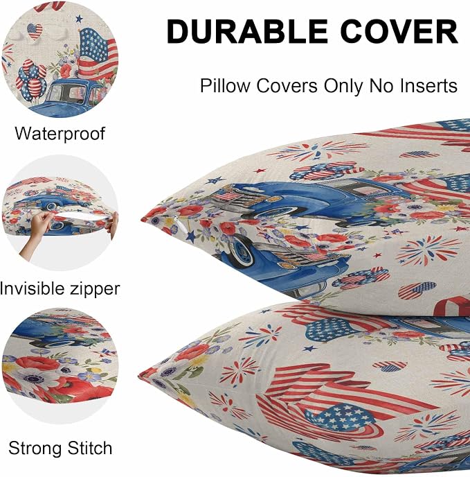 Independence Day Outdoor Throw Pillow Cover Farm Truck USA Flag Poppy Waterproof Cushion Covers 2 Pack Retro Patriotic Fireworks Pillow Cases Home Decoration for Patio Garden Couch Sofa 18x18In