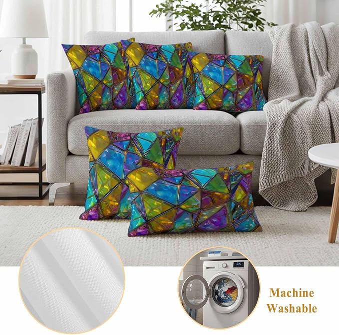 Abstract Geometric Outdoor Waterproof Pillow Covers Set of 2, Rainbow Gradient Crystal Color Blocks Modern Pillowcase Decorative Throw Cushion Cases for Patio Garden Couch 26 x 26 Inches